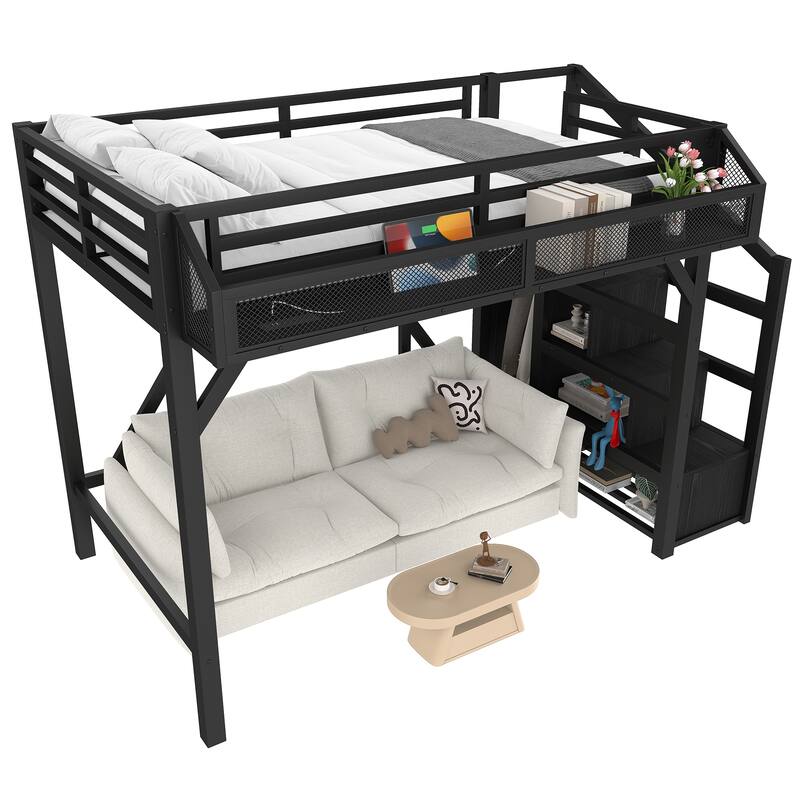 Twin Loft Bed with Storage Stairs, Shelves and Built-in Wardrobe, Metal Loft Bed Frame with USB Ports and LED Lights