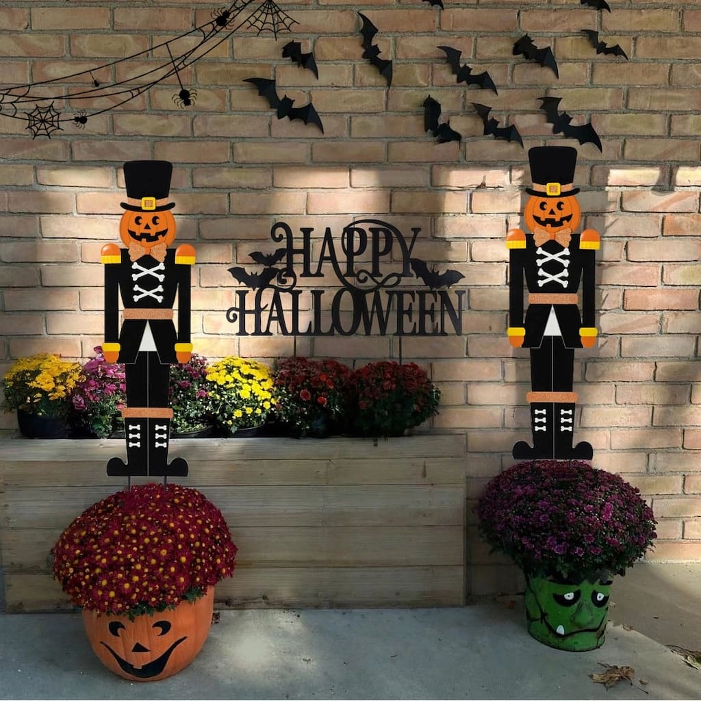 Glitzhome 32"H Nutcracker & Happy Halloween Yard Stake Set of 3