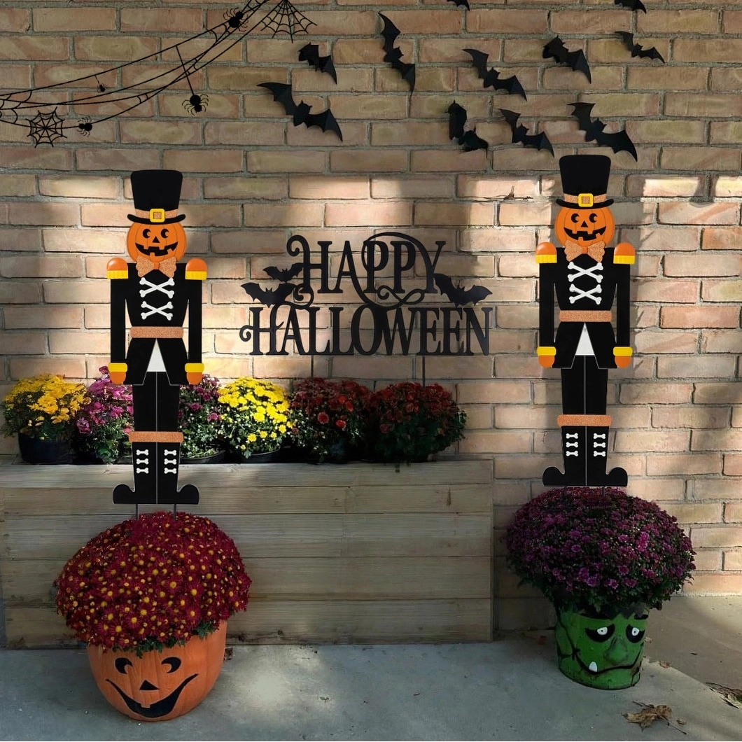 Glitzhome 32"H Nutcracker & Happy Halloween Yard Stake Set of 3