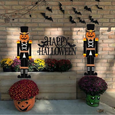 Glitzhome 32"H Set of 2 Halloween Metal Nutcracker and HAPPY HALLOWEEN Yard Stake