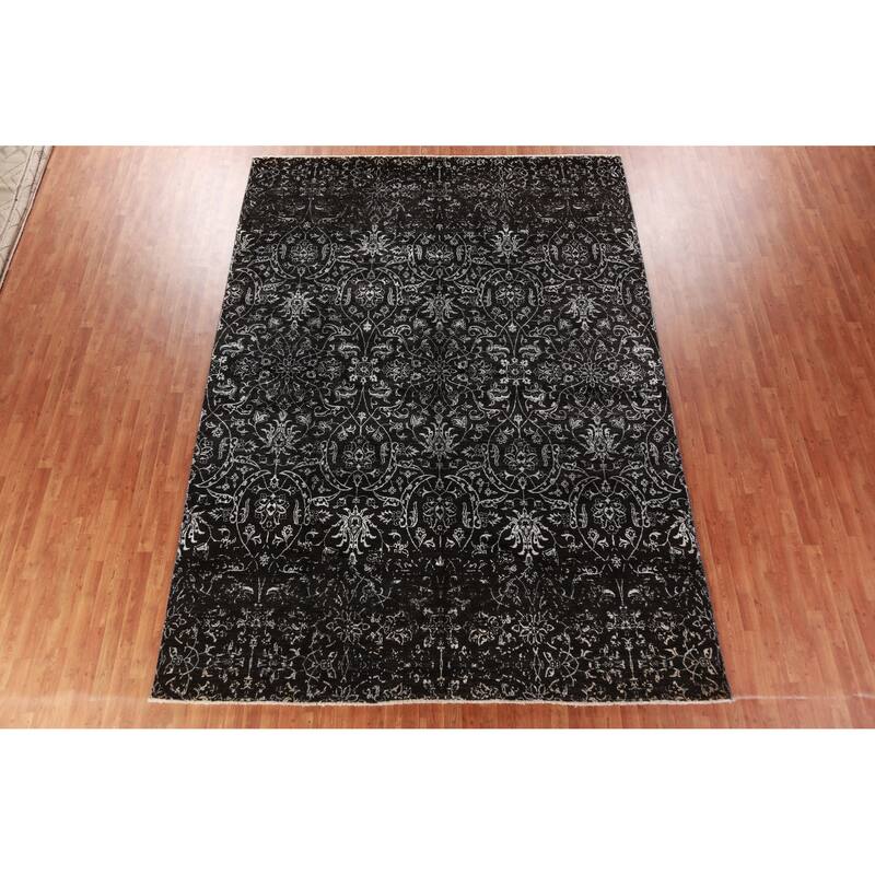 Black Art Craft Oriental Area Rug Handmade Wool And Silk Carpet - 9'0"x 12'7"