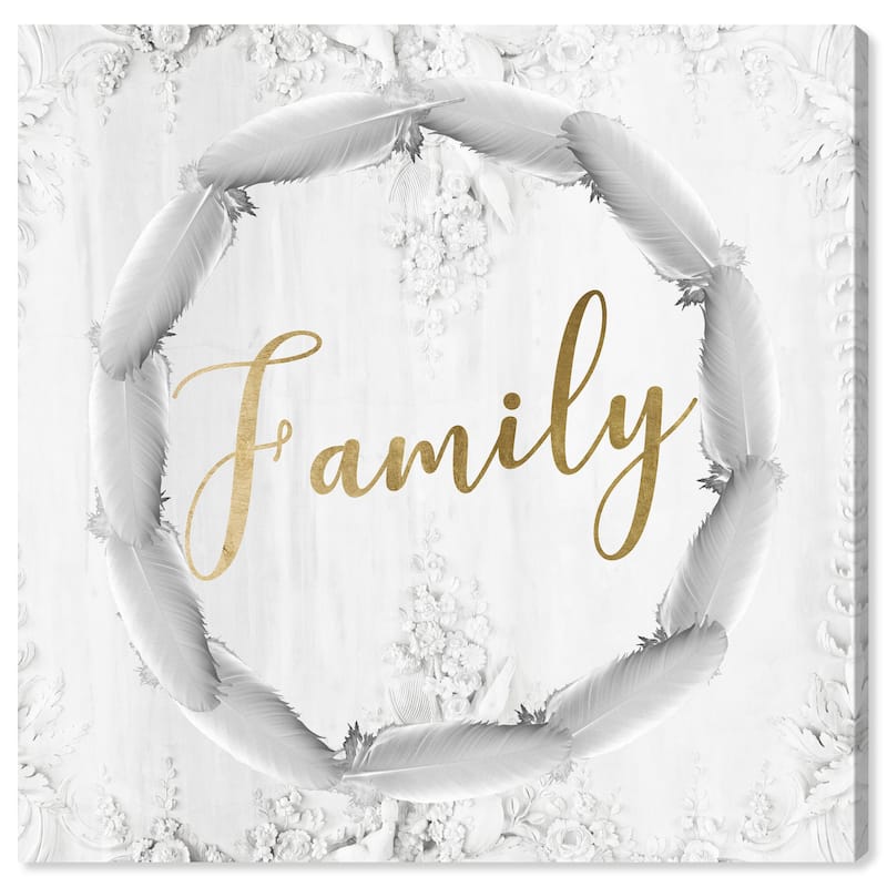 Wynwood Studio Prints Typography and Quotes Family Gold and Feathers Gold and Gold Modern & Contemporary Wall Art Canvas Print