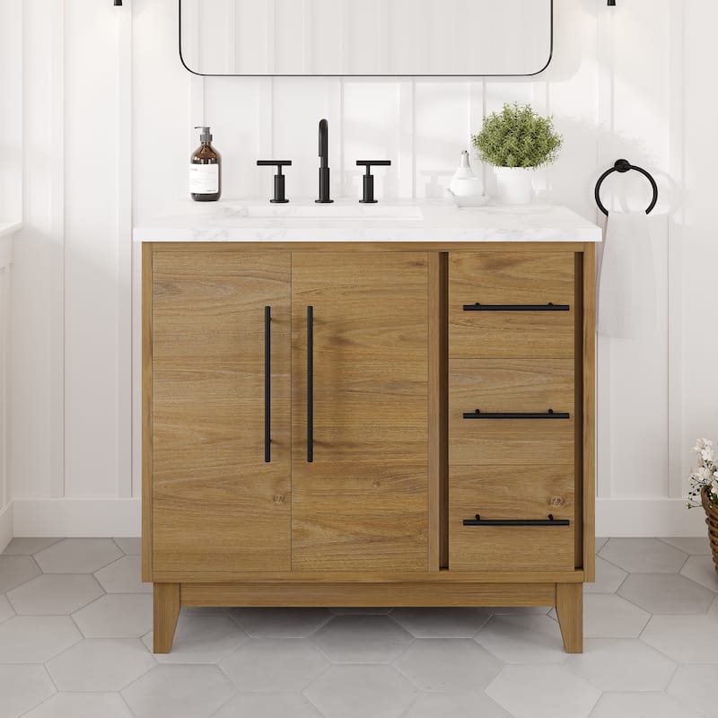 Eviva Graham 36"W Oak Bath Vanity with Arabescato Engineered Stone Top