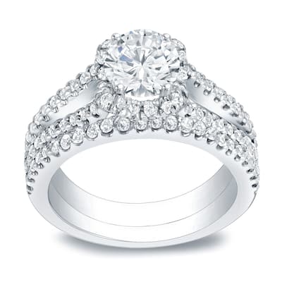 Auriya 1 1/2ctw Round Halo Diamond Engagement Ring Set 14k Gold Certified
