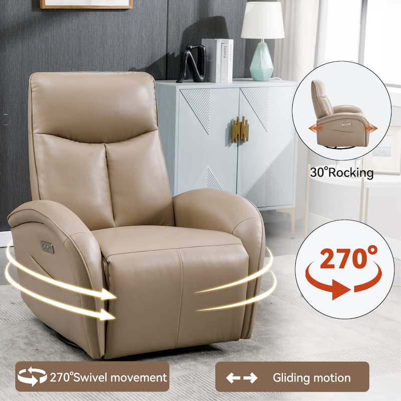 Genuine Leather Power Recliner Chair, 270° Swivel Rocker, USB, Type-C - Brown B