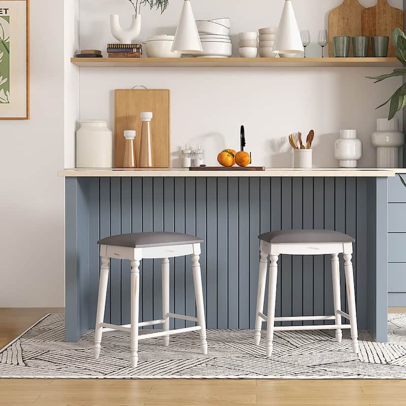 Gymax 24'' Bar Stool Set of 2 w/ Padded Seat Cushions Rubber Wood Legs