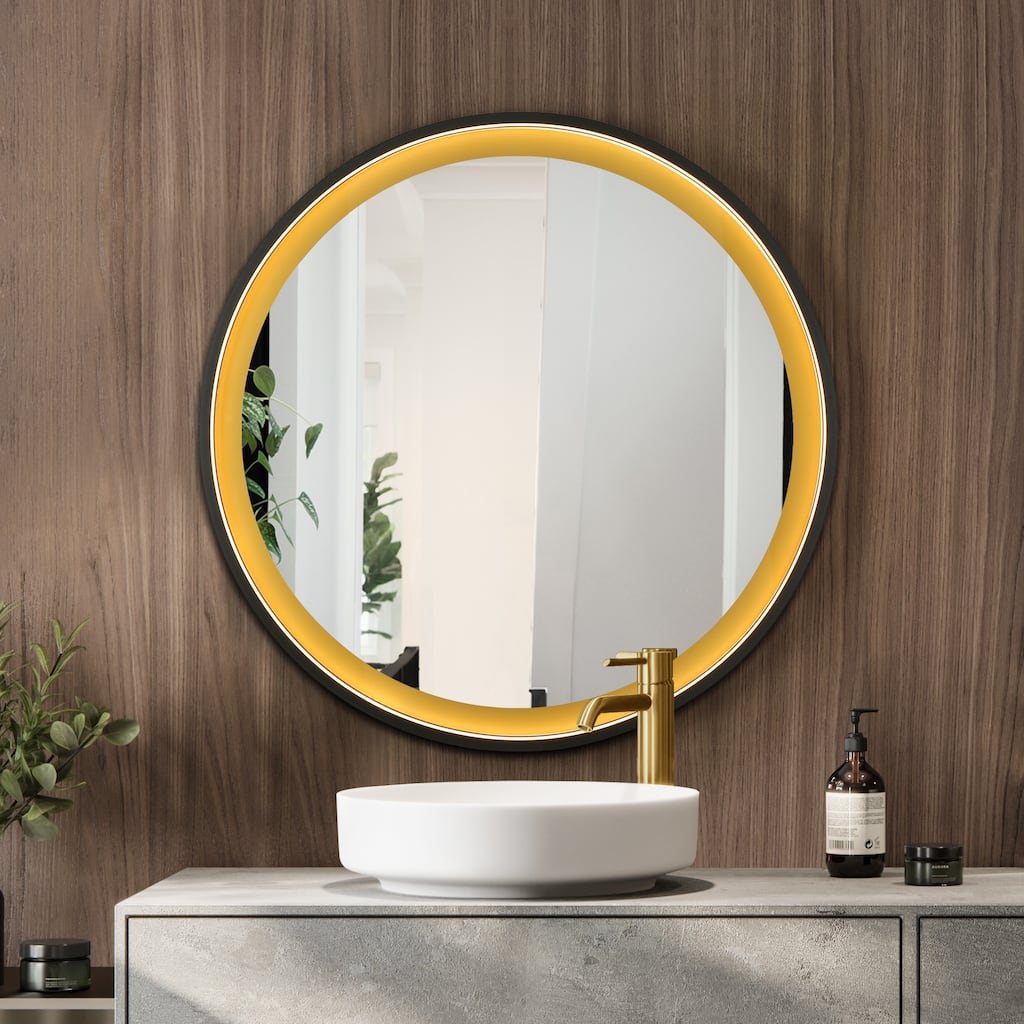 Large LED Bathroom Vanity Wall Mirror Dimmable Touch Sensor Anti-fog - Black/Gold - 36'' H x 36'' W x 1.65" D