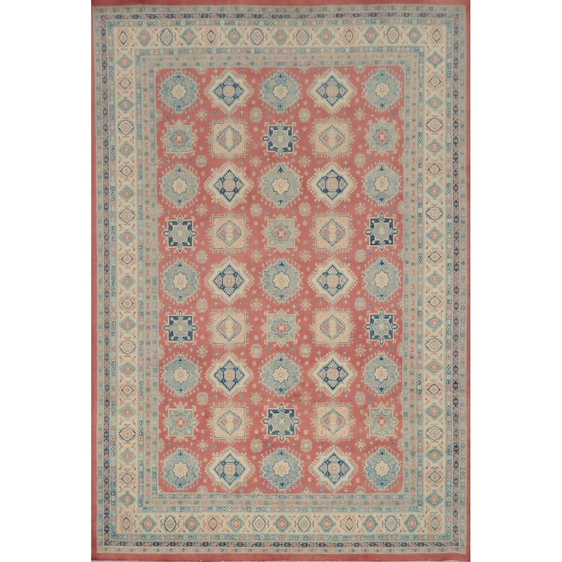 Hand Knotted Oriental 100% Wool Carpet Traditional Geometric Pink Kazak Area Rug - 11' 9'' X 9' 1''