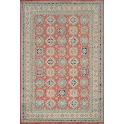 Hand Knotted Oriental 100% Wool Carpet Traditional Geometric Pink Kazak Area Rug - 11' 9'' X 9' 1''