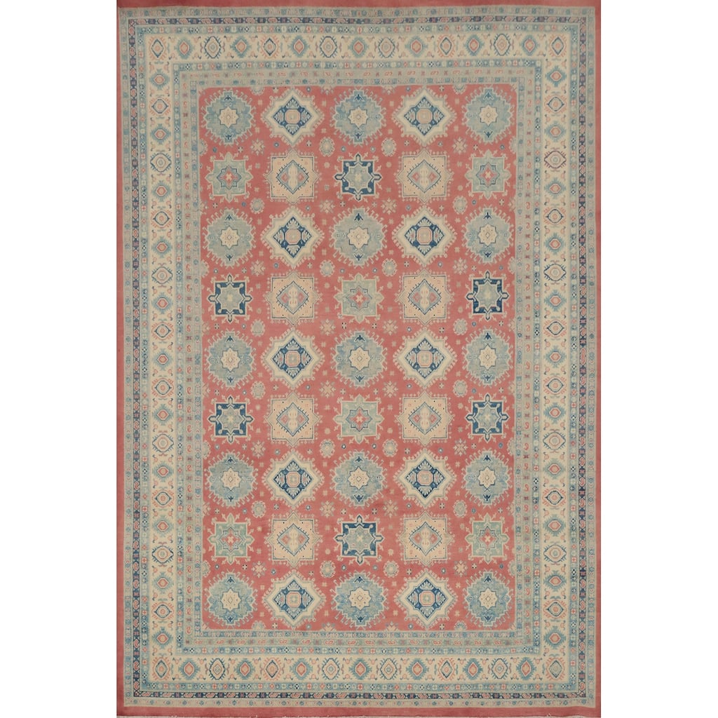 Hand Knotted Oriental 100% Wool Carpet Traditional Geometric Pink Kazak Area Rug - 11' 9'' X 9' 1''