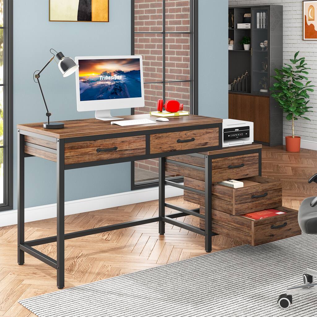 Compact Computer Desk with 5 Drawers, Home Office Desk with File Cabinet Drawer Printer Stand