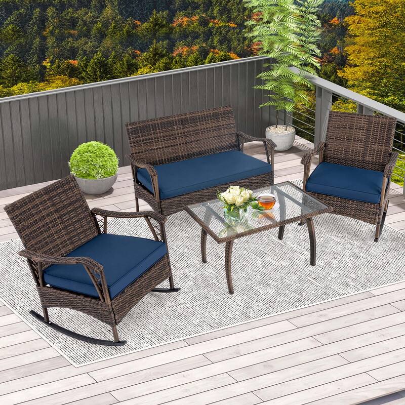Gymax Set of 4 Wicker Rocking Set w/ Loveseat & Coffee Table - Blue