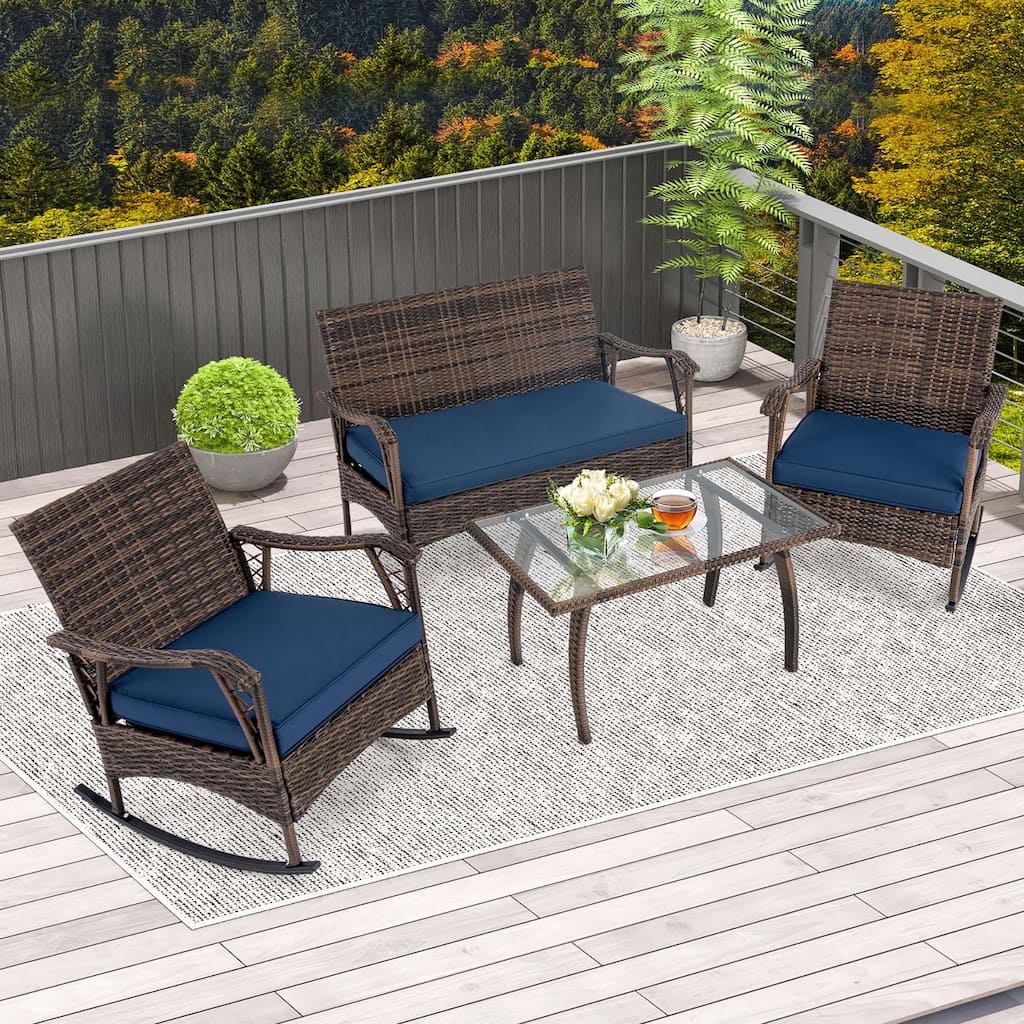 Gymax Set of 4 Wicker Rocking Set w/ Loveseat & Coffee Table