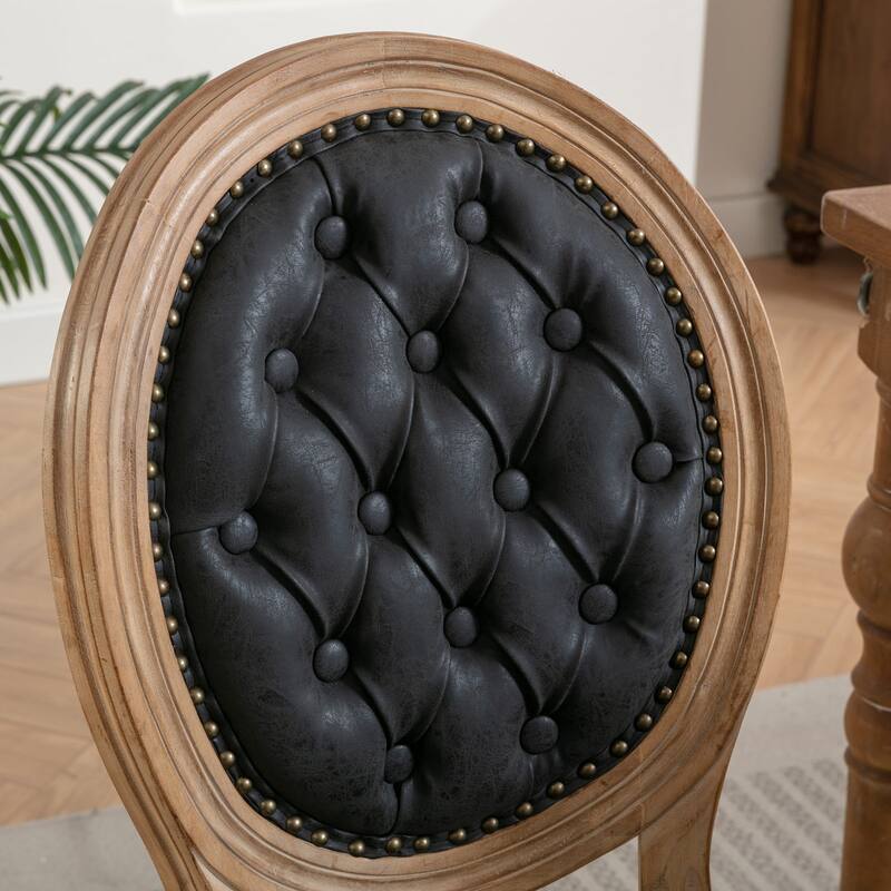 Vintage Accent Chair Dining Chair with Wood Legs, Black Leather Lounge Chair Padded Chair with Nailhead Trim