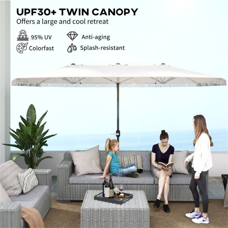 Large 15ft Outdoor Double-Sided Umbrella with UPF30+ Shade and Steel Pole Decorative Fringe