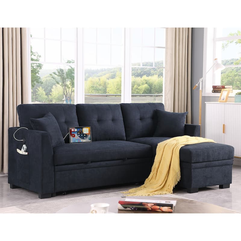 Black Velvet Sectional Sofa Bed with USB, Reversible, Pull Out, Storage Chaise, 82x53x34 inches, 187 lbs