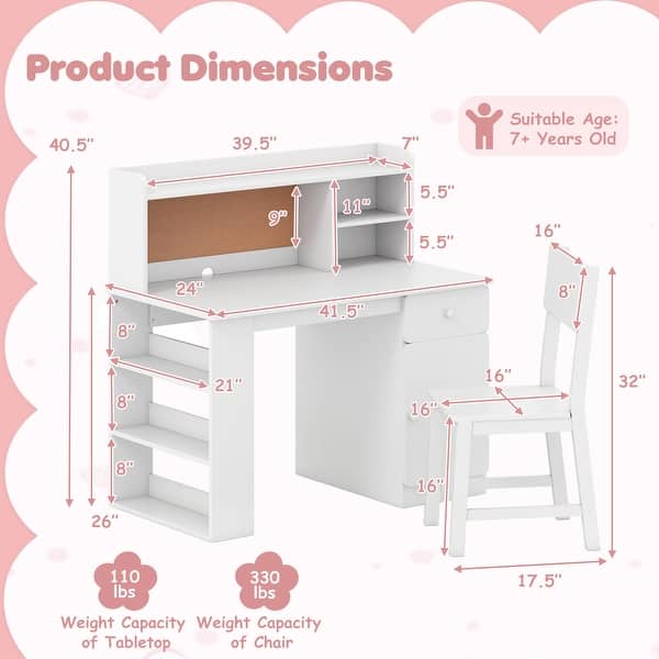 Gymax Kids Desk & Chair Set w/Chair Hutch 3-Layer Side Shelf Storage
