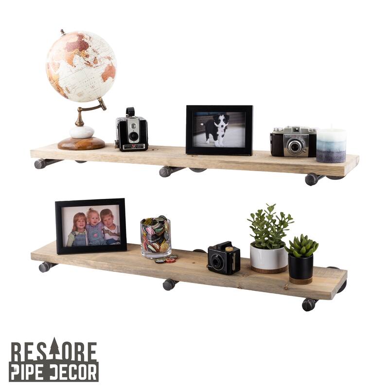 Restore Wood 36 in. Wall Shelf Straight Steel Pipe Brackets, Set of 2 - Driftwood Tan