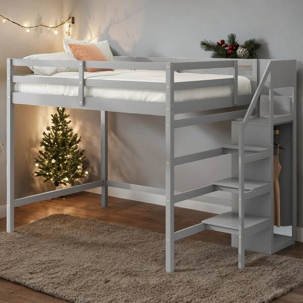 Full Size Kids Bed with Builtin Storage Wardrobe and Staircase Loft Bed Grey Bed Bath