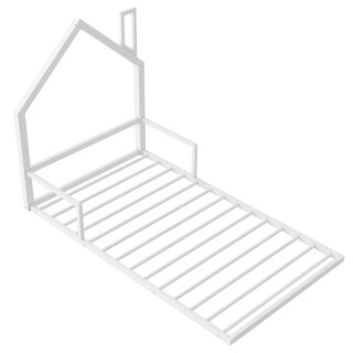 Twin Size Metal Floor Bed with House-Shaped Headboard, Kids Bed Frame for Girls Boys Bedroom, No Box Spring Needed White