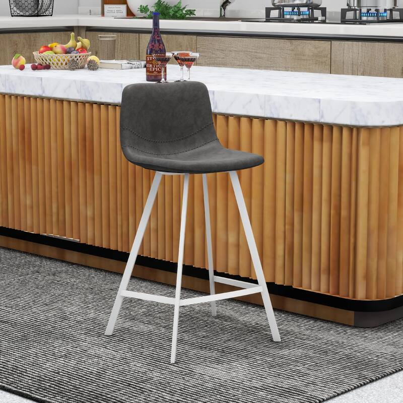 Elland Leather Bar Stool - Modern Counter Height Stool with White Stainless Steel Legs for Kitchen Island or Home Bar Set of 2