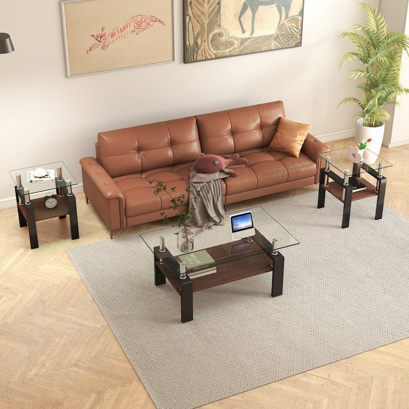 Set of 2 Modern Tempered Glass Tea Table,Tempered Glass Tabletop with MDF Layer,Coffee Table