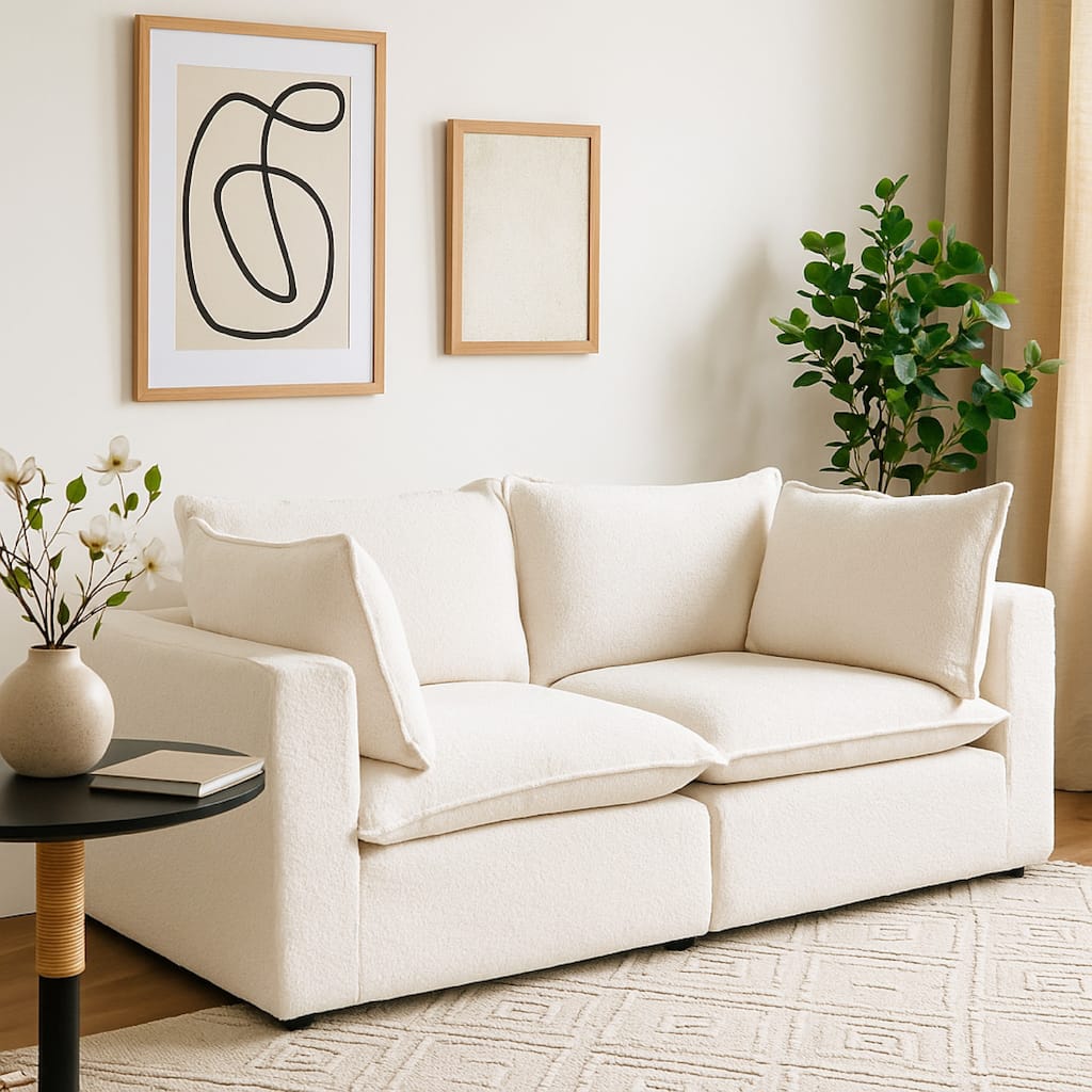 Agg 2pc Modular Sofa, Ivory Faux Shearing Fabric, 2 Accent Pillows