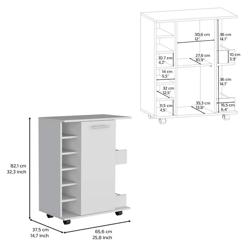 Bar Cart with Six-Wine Cubbies Cabot, Two-Side Storage Shelves and Casters, White Finish