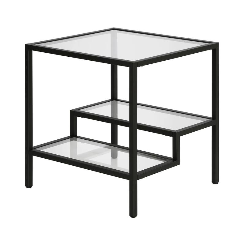 22" Glass and Steel Square End Table with Two Shelves - 22-inch H x 20-inch W x 20-inch D - Black