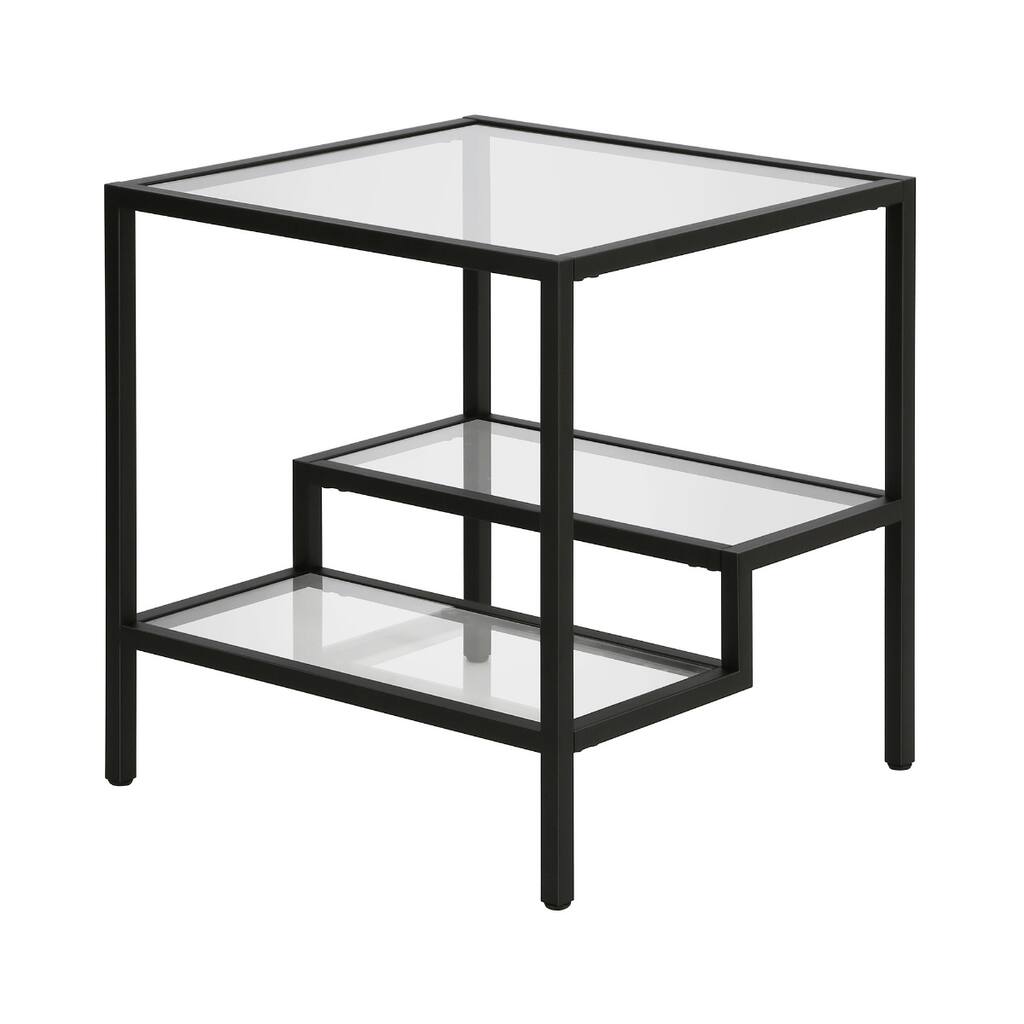 22" Glass and Steel Square End Table with Two Shelves - 22-inch H x 20-inch W x 20-inch D