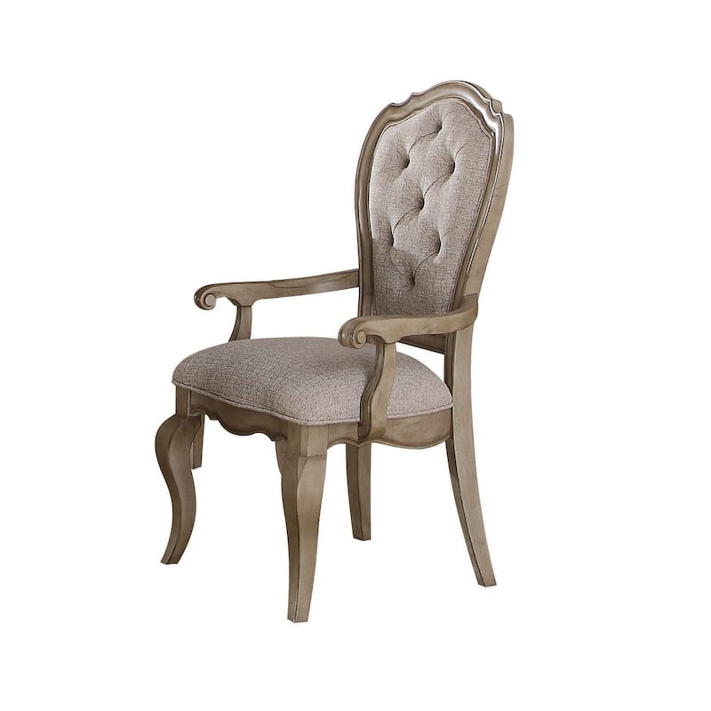 HomeRoots Set of Two Tufted Beige and Taupe Upholstered Fabric And Solid Wood Dining Arm Chairs