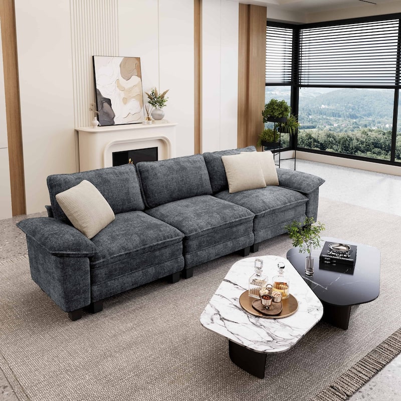 MAISON ARTS Cloud Modular Deep Seat Sofa, Chenille or Corduroy Sectional Couch with Removable Arms, 1–4 Seater - Blue Grey Chenille(3 Pieces) - Symmetrical