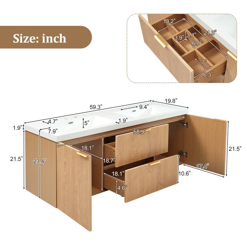 59.3 Inch Floating Double Sink Bathroom Vanity with SMC Resin Top, Wall Mounted Storage Cabinet for Large Bathrooms
