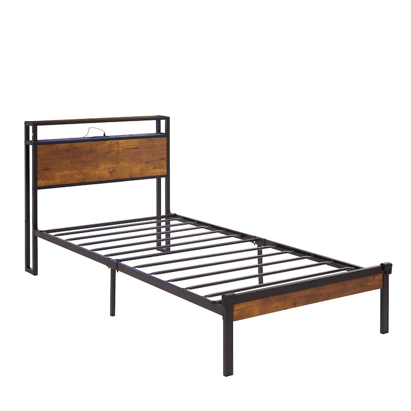 Stylish Metal Bed Frame with Wooden Headboard & Under Bed Storage