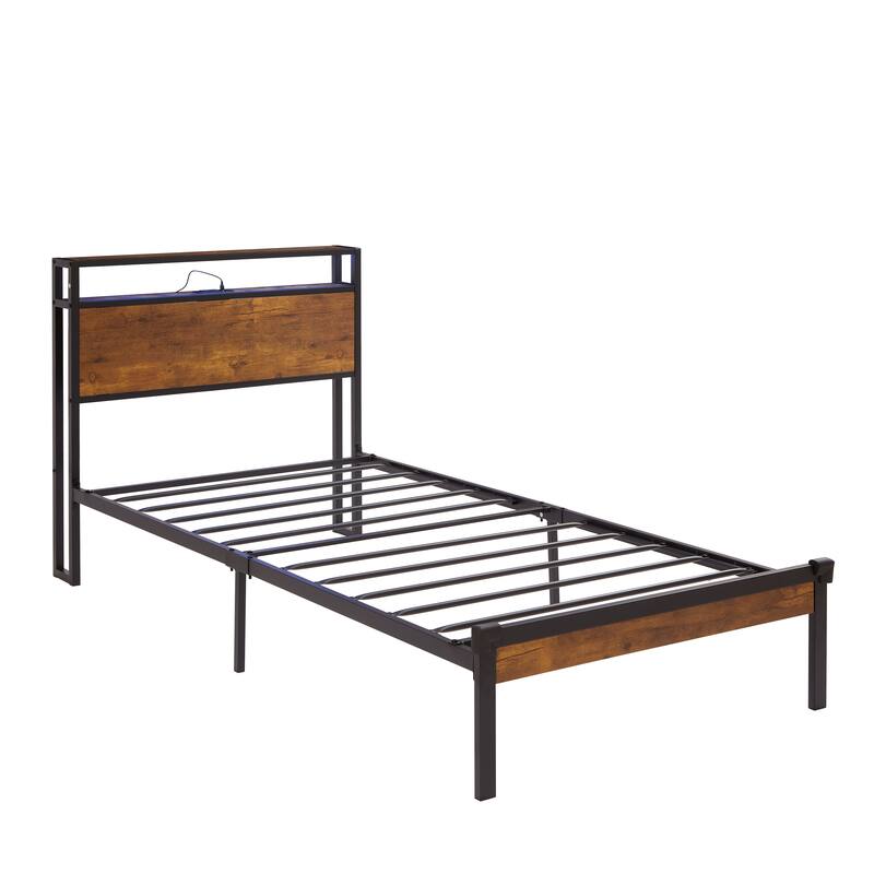 Twin/King/Queen Size Metal Bed Frame with USB Charging Ports, LED Lights, and Large Under-Bed Storage