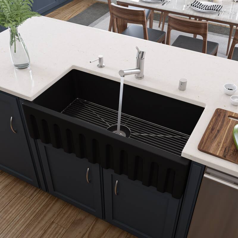 36" Black Matte Reversible Smooth / Fluted Single Bowl Fireclay Farm Sink