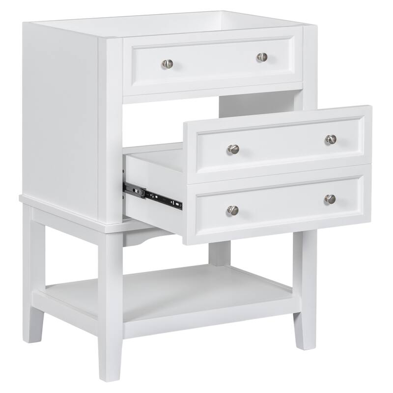 24" White Bathroom Vanity Base - Solid Wood & MDF Cabinet, Open Shelf & Drawer, Freestanding Design