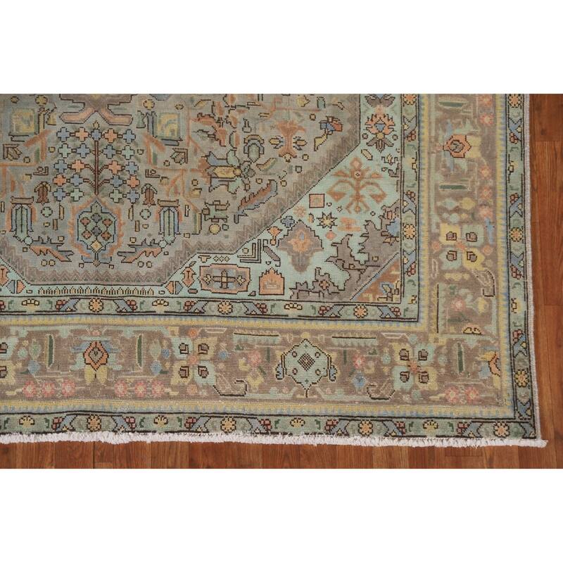 Hand Knotted Oriental 100% Wool Carpet Traditional Medallion Greys & Charcoal Tabriz Area Rug - 9' 8'' X 6' 9''