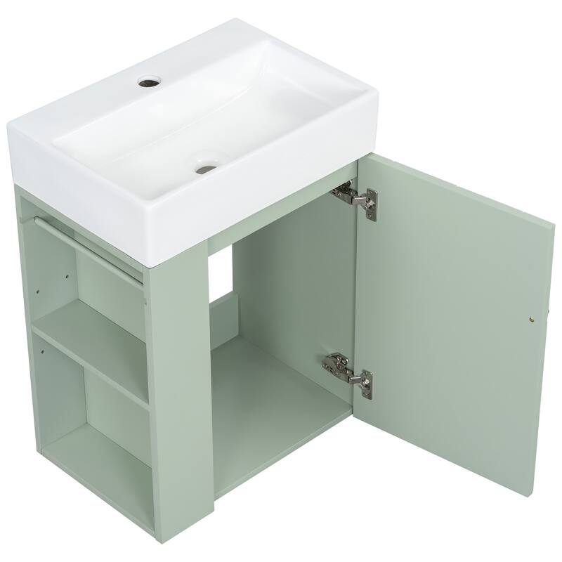 Wall-mounted Small Bathroom Vanity with Ceramic Sink, Floating Ceramic Sink Cabinet with Side Storage Shelves, 20 Inch