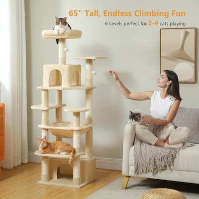 64.5" Cat Tree with Sisal-Covered Scratching Posts, 2 Padded Perch, Dual Condo and Basket