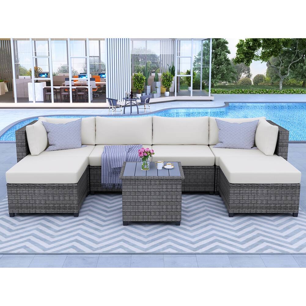 7-Piece Rattan Sectional Seating Group with Cushions, Outdoor Sofa