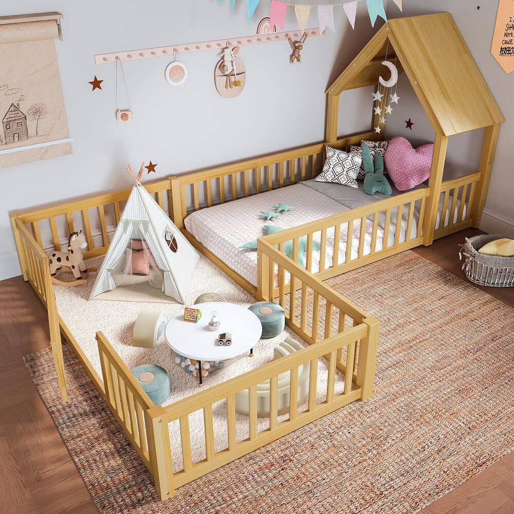 Montessori Floor Bed for Toddler Kids, L Shape House Bed with Door and Guardrails, Double Bed Frame Design for Sleeping and Play