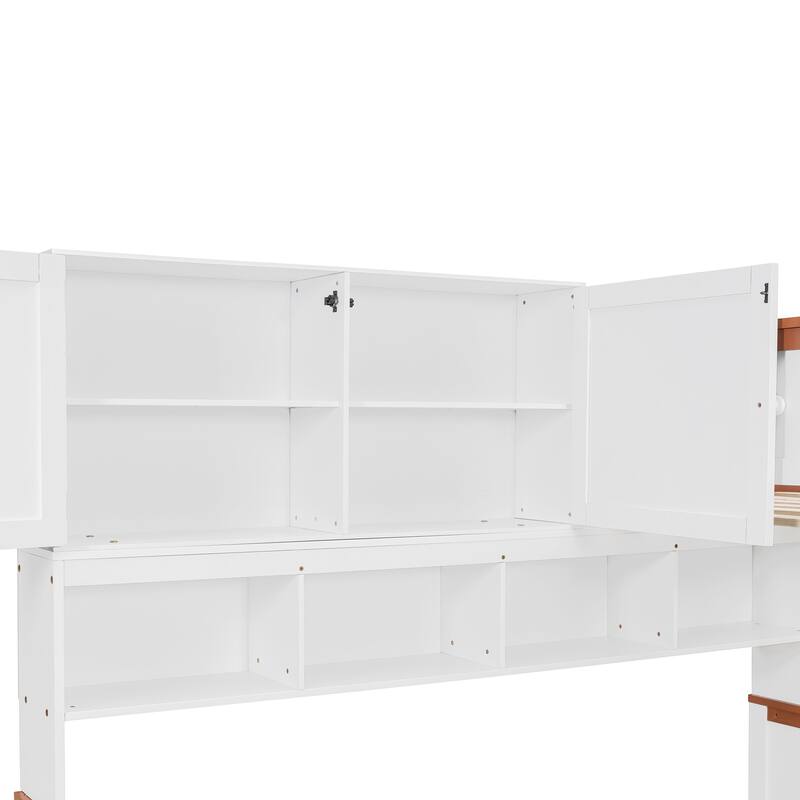 Twin Over Full Bunk Storage Bed with Desk and Led Lights Wooden Loft Bed Frame with Safety Guard & Ladder for Teen & Adults