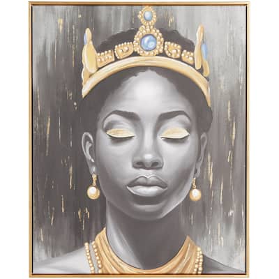 Canvas Woman Shaded Living Room Framed Wall Art with Blue Crown and Gold Foil Accents - Black - Roche River Decor