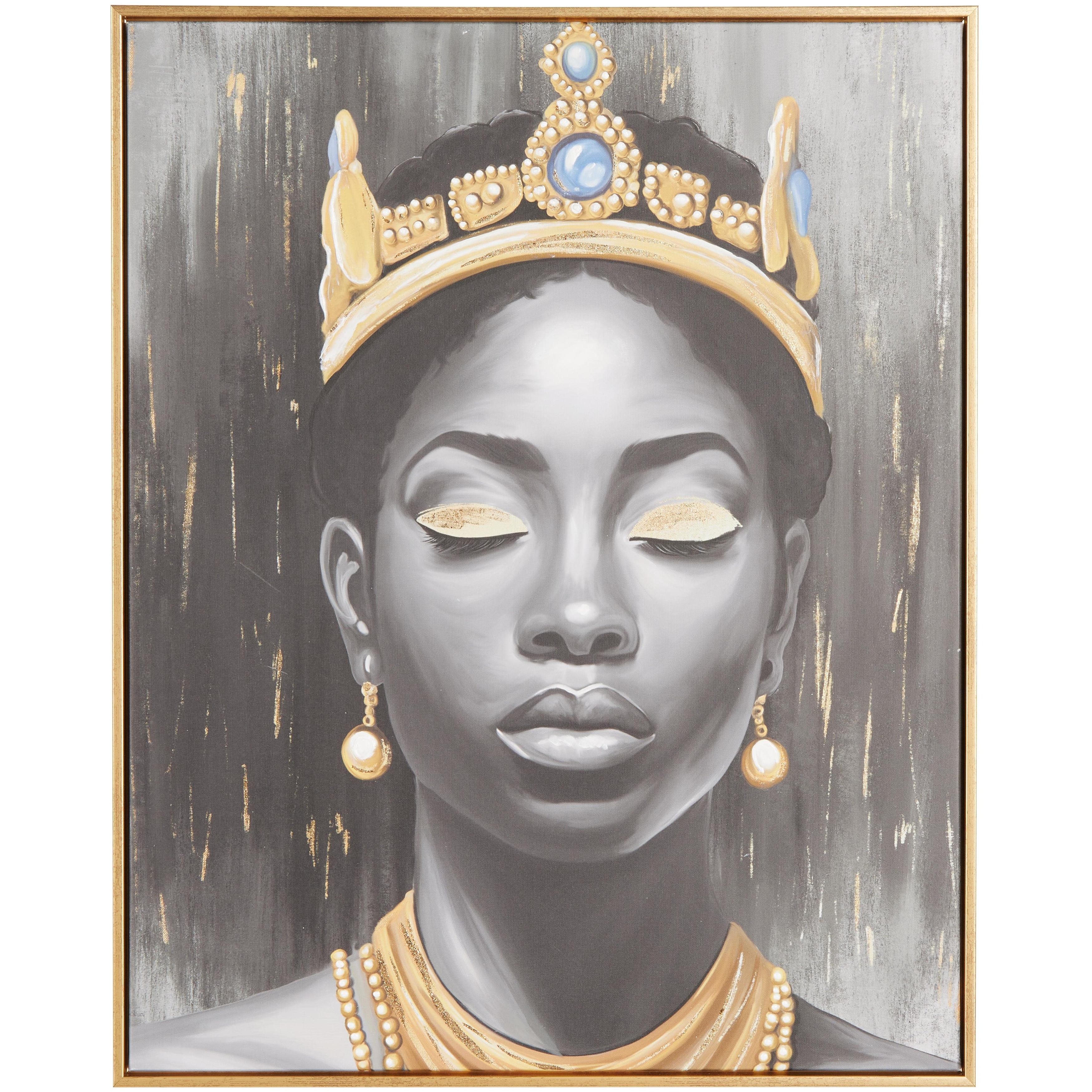 Canvas Woman Shaded Living Room Framed Wall Art with Blue Crown and Gold Foil Accents - Black - Roche River Decor