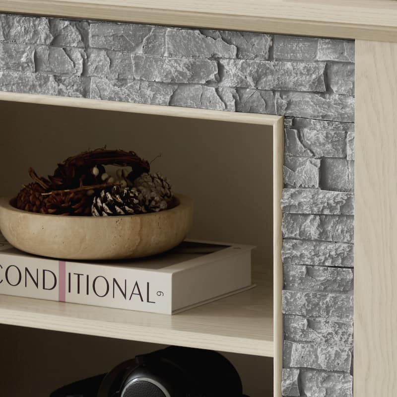 58" Modern TV Stand with Faux Stone Surround, Media Console Cabinet with 2 Doors and Shelves for TVs up to 75"