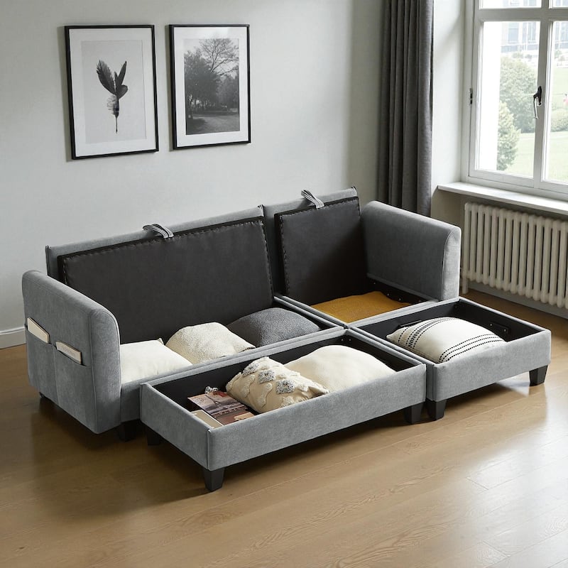 83" L-Shaped Sectional Sofa with Storage Seats Movable Ottoman Curved Armrests Chenille Couch with 6 Pillows