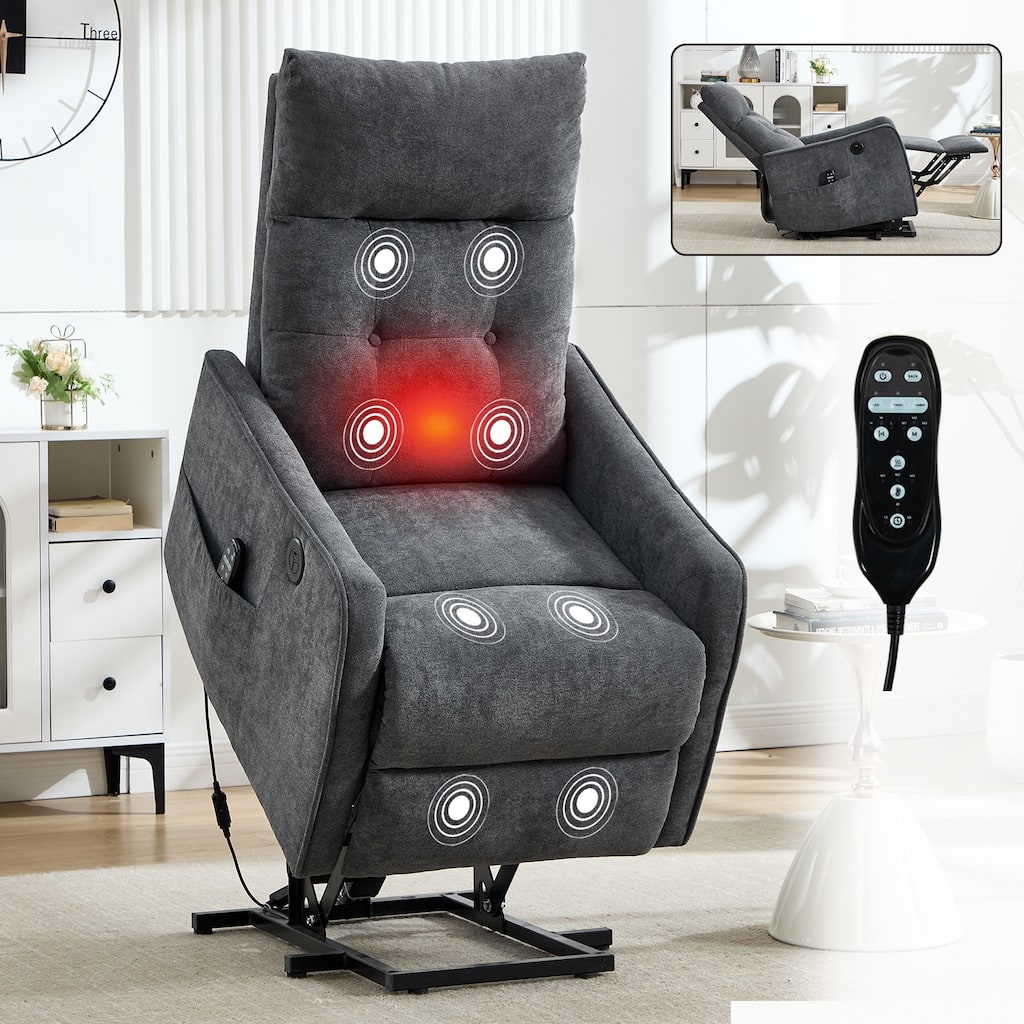 Chenille Single Motor Power Lift Recliner Chair with Massage and Heat for Elderly, Heavy Duty Motion Mechanism and One USB