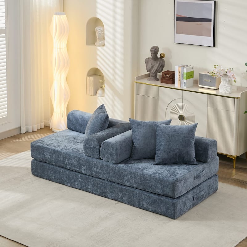 Chenille Floor Sofa Bed - Foldable Mattress Couch with Armrests, Convertible Lounge Chair for Living Room, Bedroom or Studio