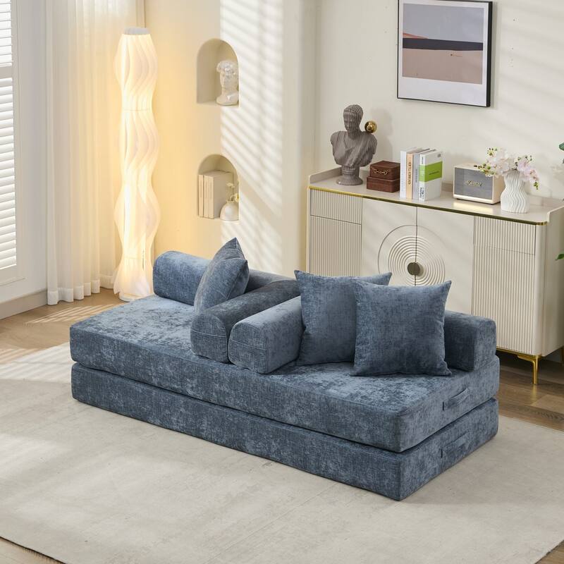 Roomfitters Convertible Folding Mattress Couch, Chenille Floor Sofa Bed with Armrest and Pillows, Lounge Couch